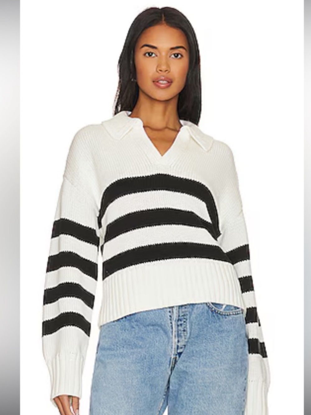 Revolve Pistola White and Black Striped V-Neck Collared Sweater